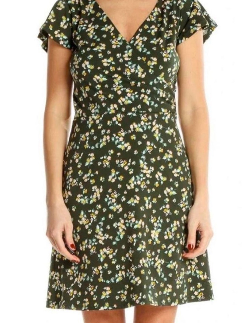 LOFT Olive Green Floral V-Neck Flutter Sleeve Dress